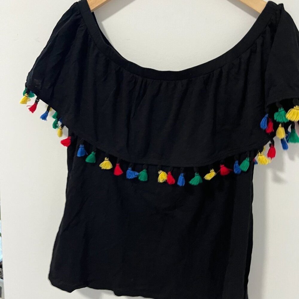 Velvet by Graham & Spencer Black Pom Pom Slub Short Sleeve Top Size XL - Picture 2 of 6